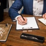 A jewellery valuer in a blue suit sits at a wooden table, writing on a clipboard, with a calculator in hand. Jewelry, loose gemstones, and a necklace are spread out on the table along with papers and a pen.